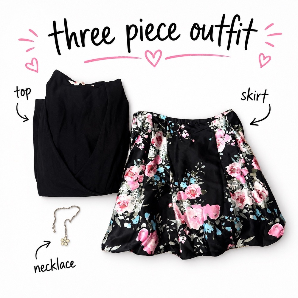 Boden Black Top with Black Floral Skirt and Necklace Bundle